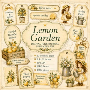 Könnte beinhalten: Ein digitales Junk-Journal-Ephemera-Set mit dem Titel Lemon Garden, bestehend aus 10 Seiten im Format 21,6 x 27,9 cm. Die Sammlung enthält Anhänger, Etiketten und Illustrationen von Zitronen, Gießkannen und Kindern in gelben Kleidern mit Körben.