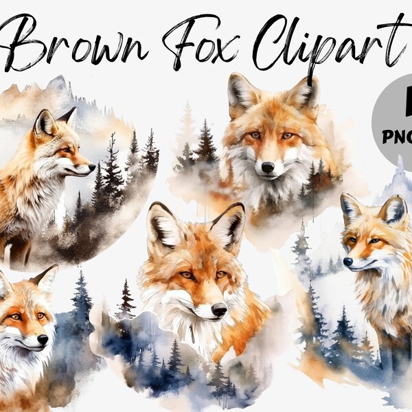 Watercolor Brown Fox Clipart | Fox PNG | Mountain PNG | Landscape Graphic | Nursery Graphics | Commercial Use | Sublimation | Animal Clipart