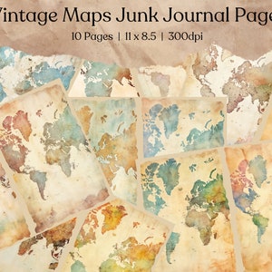 May include: Ten vintage world map pages for junk journaling. The pages are in various shades of brown, blue, and green with a watercolor effect. The pages are 11 inches by 8.5 inches and 300 dpi.