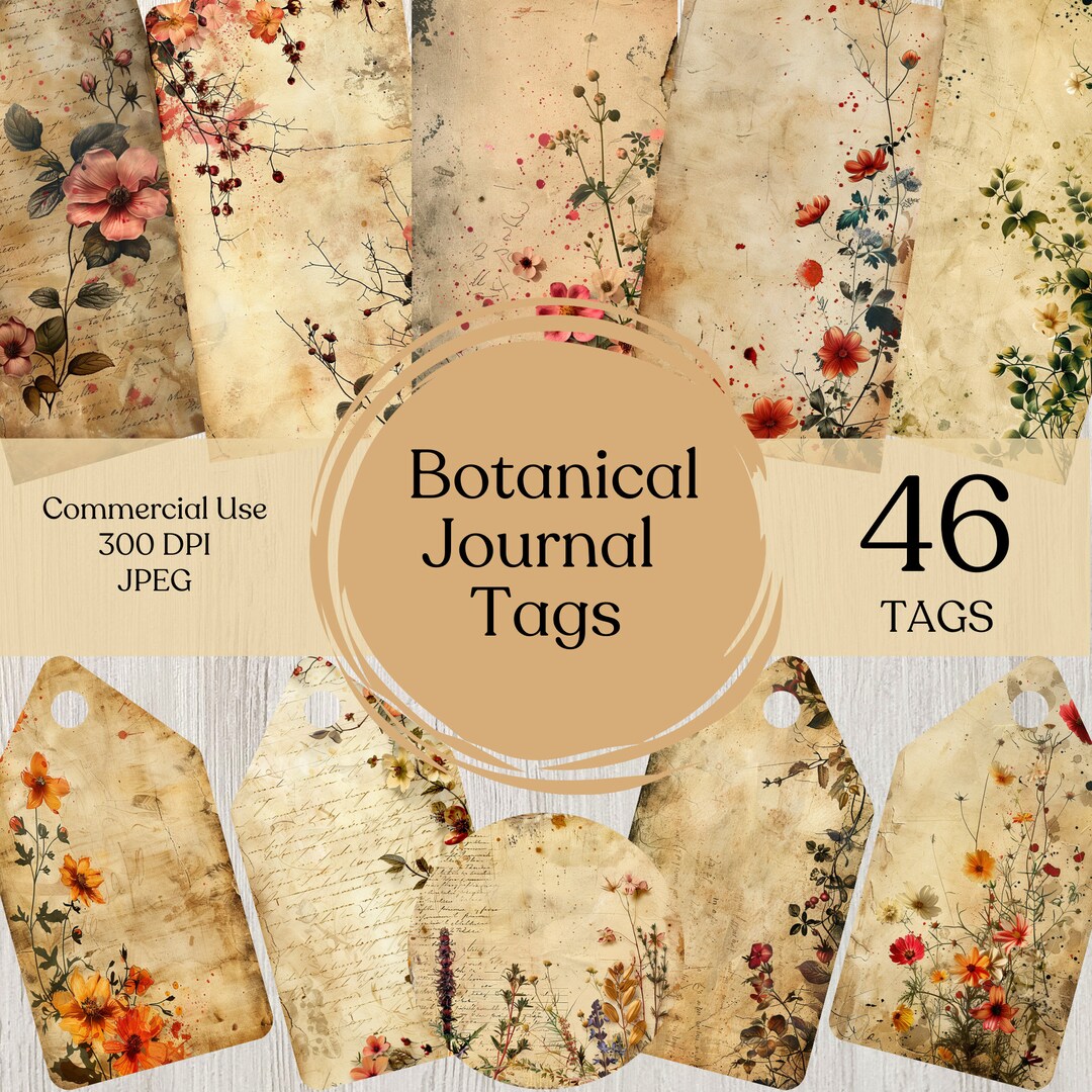 Botanical Junk Journal Tag Kit Flower Printable Tag Vintage Paper Craft ...
