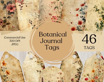 Botanical Junk Journal Tag Kit Flower Printable Tag Vintage Paper Craft Paper for Journal Scrapbook Paper Digital Journal Ephemera Tag Kit