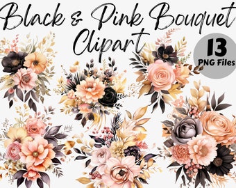 Zwart en roze boeket clipart bundel | Boeket digitale afbeeldingen | Boeket Grafisch | Aquarel Boeket Grafisch | Boeket PNG | Bloemen PNG