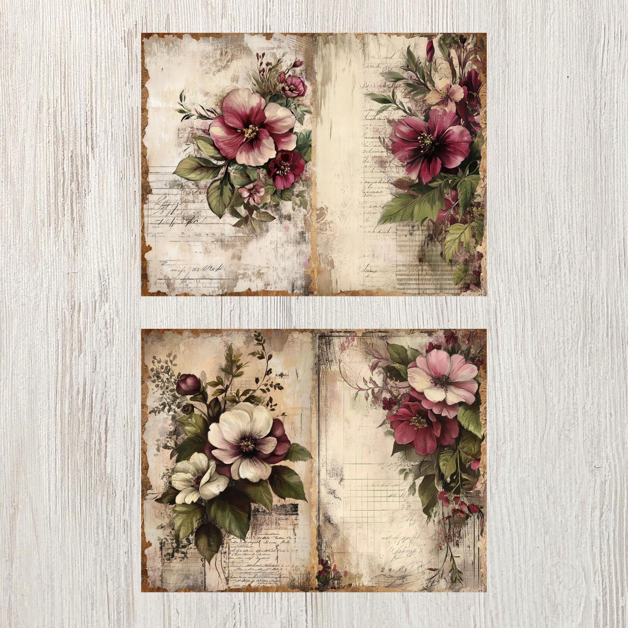Burgundy Floral Junk Journal Pages Flower Printable Flower Paper Craft ...
