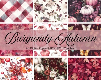 Burgundy Autumn Digital Paper Pack | Fall Backgrounds | Pumpkin and Leaf Scrapbook Papers | Cozy Fall Watercolor Patterns | Instant Download