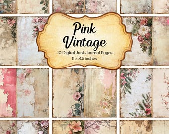 Pink Vintage Junk Journal Pages Digital Papers Floral Printable Journal Scrapbook Cards Paper Craft Shabby Chic Flower Background Supplies
