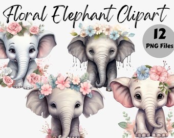 Clipart dell'elefante floreale dell'acquerello / PNG dell'elefante / Pacchetto di immagini digitali / Sublimazione floreale / Uso commerciale / Immagini del pianificatore digitale