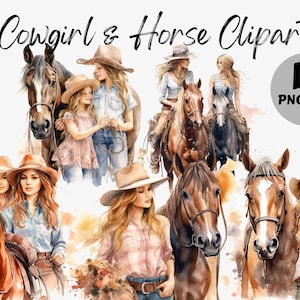 Watercolor Cowgirl and Horse Clipart Bundle | Cowgirl Graphics | Watercolor Cowgirl and Horse Graphic | Cowgirl PNG | Commercial Use
