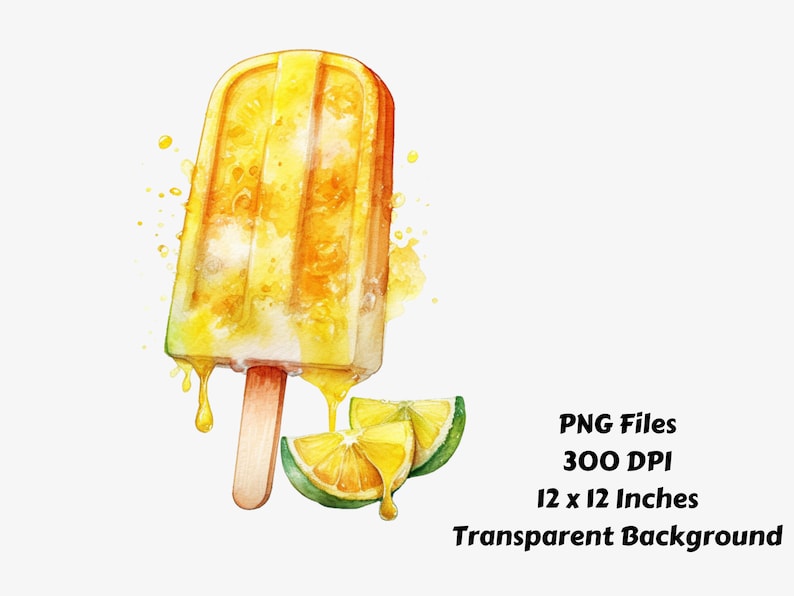 May include: A watercolor illustration of a yellow popsicle with a wooden stick, dripping with melted yellow liquid.  Two lime slices are on the bottom of the image.