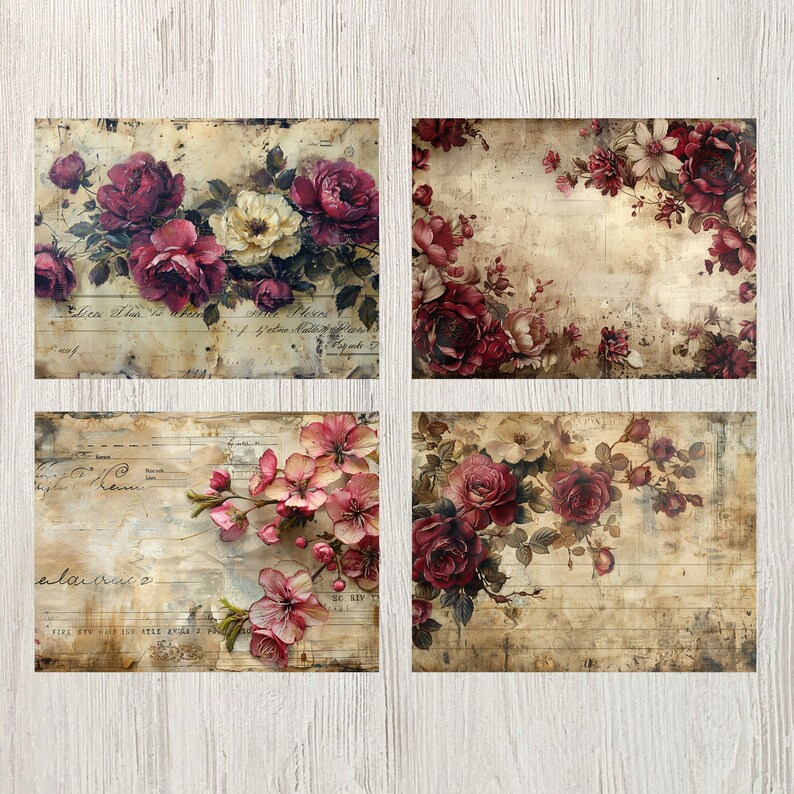 Burgundy Floral Junk Journal Pages Flower Printable Flower Paper Craft ...