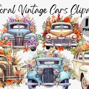 Aquarell Blumen Vintage Auto Clipart Bundle | Vintage Auto Grafiken | Aquarell Florale Grafik | Blumen Vintage Auto PNG | Kommerzielle Nutzung