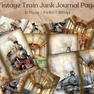 Strony dziennika Vintage Train Junk | Cyfrowy papier do scrapbookingu | Lokomotywa do druku | Arkusz kolażu | Ephemera podróżnicza | Tło wiktoriańskie