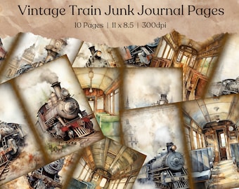 May include: Ten vintage style digital paper pages featuring watercolor illustrations of steam trains and train cars. The pages are designed for use in junk journals and other paper crafts.