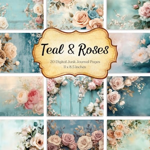 Teal and Rose Junk Journal Kit, Shabby Chic Floral Printable Paper Pack for Scrapbooking, Cardmaking, Crafts, Vintage Rose Ephemera Pages