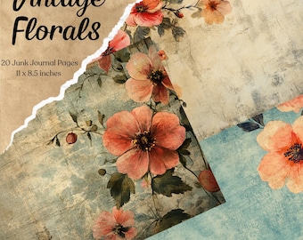 Páginas de diario vintage con motivos florales, papel antiguo para manualidades, papel para álbumes de recortes, descarga digital, fondo de diario