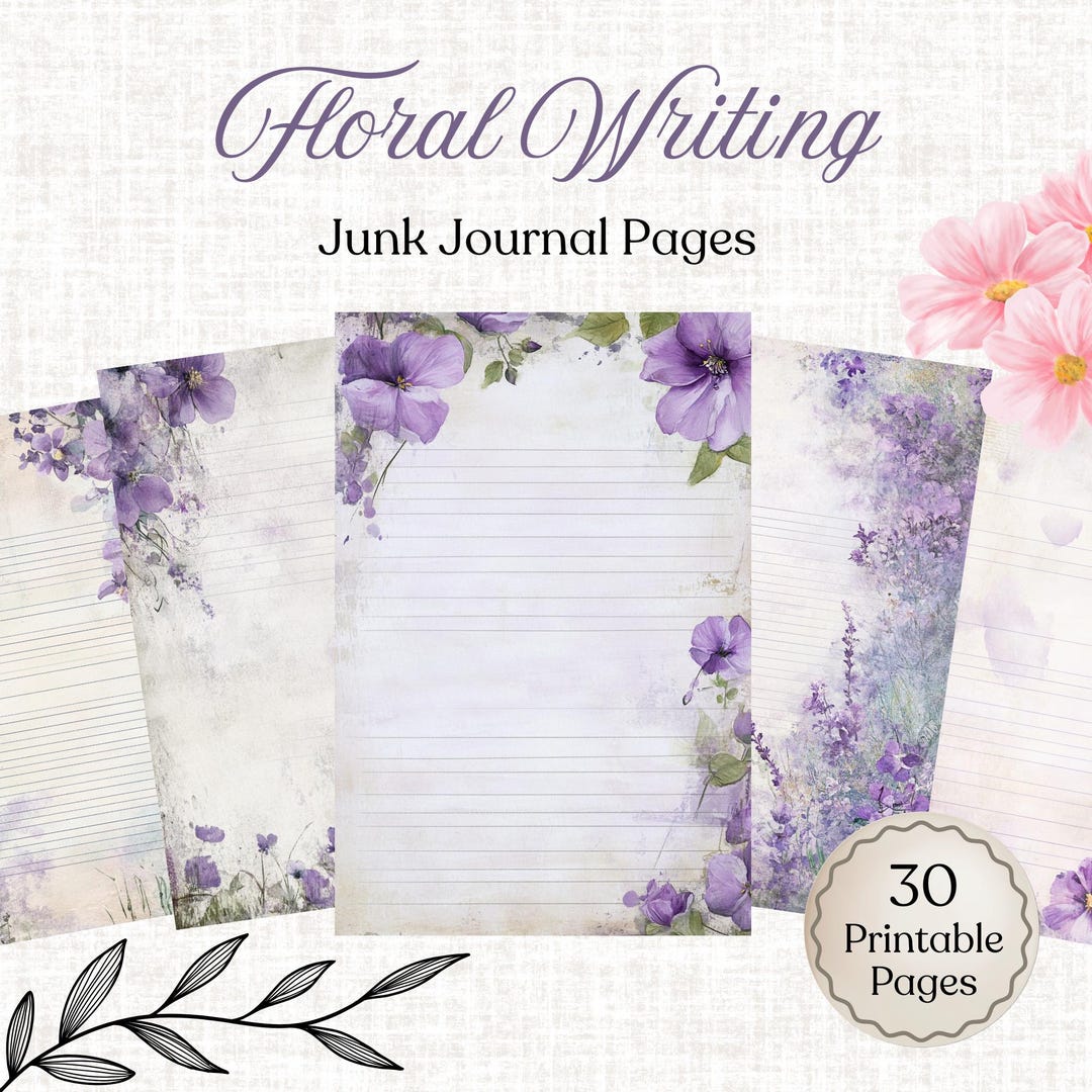 Puple Writing Purple Floral Writing Printable Pages, Soft Flower Junk Journal Pages ...