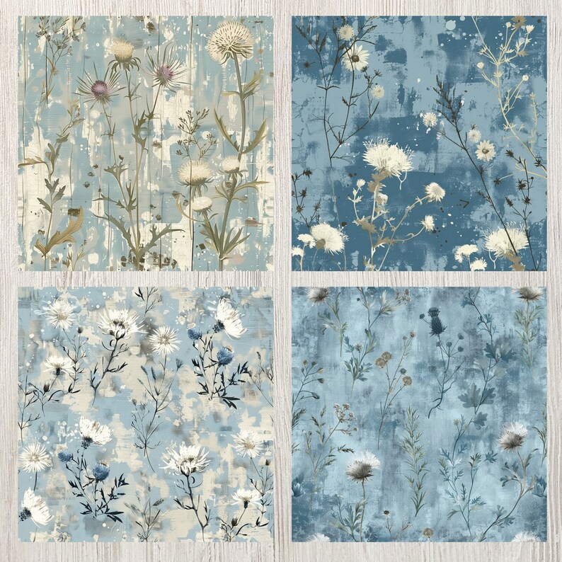 Blue Floral Digital Printable Paper Seamless Faded Shabby Chic Digital ...