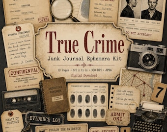 True Crime Junk Journal Ephemera Kit, Vintage Detective Case File Tags, Evidence Labels, Fussy Cuts, Printable Noir Paper Crafting Download