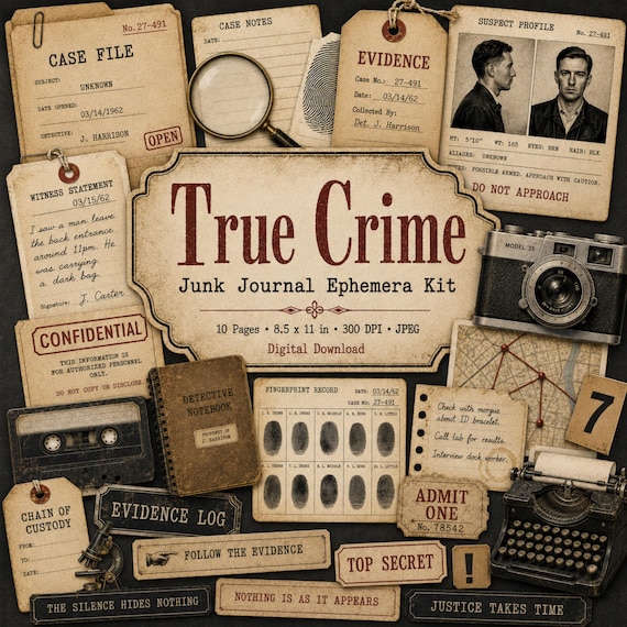 True Crime Junk Journal Ephemera Kit, Vintage Detective Case File Tags, Evidence Labels, Fussy Cuts, Printable Noir Paper Crafting Download