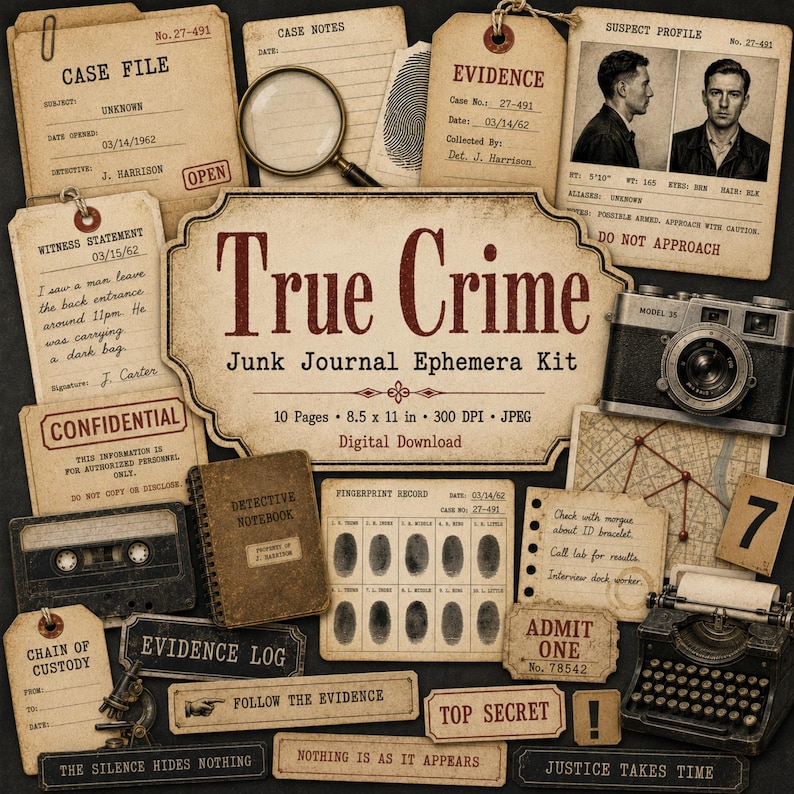 May include: A true crime junk journal ephemera kit featuring vintage-style documents, including case files, witness statements, fingerprint records, a magnifying glass, a camera, a typewriter, a cassette tape, and various labels with text like Top Secret.