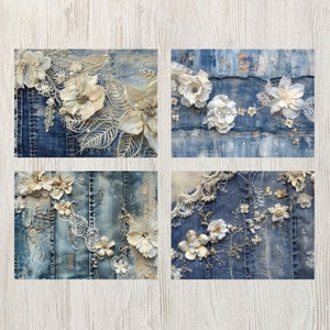May include: Four square images showcasing denim backgrounds adorned with white and cream-colored floral and lace embellishments. The designs feature various flower types, delicate lace, and pearl accents, creating a textured, artistic collage.