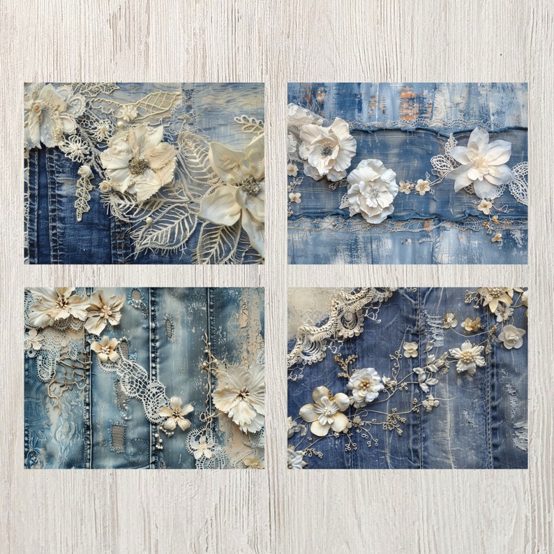 May include: Four square images showcasing denim backgrounds adorned with white and cream-colored floral and lace embellishments. The designs feature various flower types, delicate lace, and pearl accents, creating a textured, artistic collage.