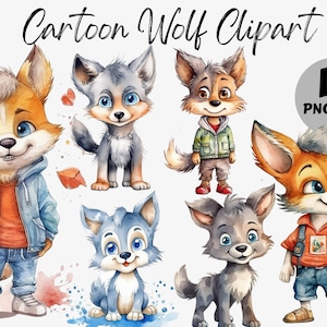 Aquarell Wolf Clipart Bundle | Wolf Digitale Bilder | Wolf PNG | Digitaler Download | Kinderzimmer Grafik | Kommerzielle Nutzung | Cartoon Wolf PNG