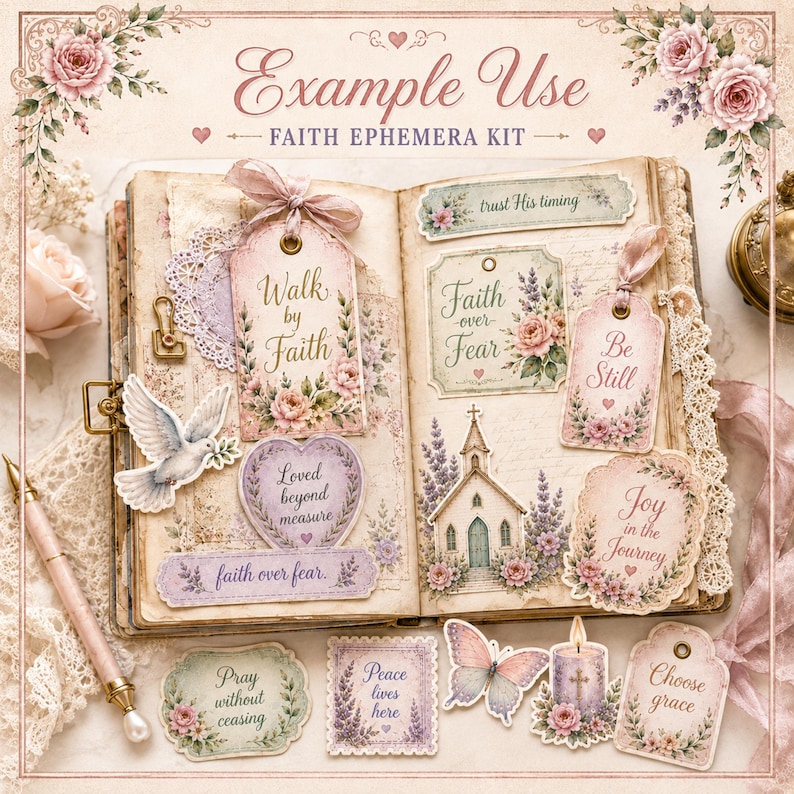 May include: A faith-themed ephemera kit featuring vintage-style paper cutouts with floral motifs, religious imagery, and inspirational text like Walk by Faith, Faith over Fear, Be Still, and Joy in the Journey, displayed on an open journal page.