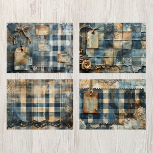 Blårutiga skräpjournalsidor Digitala papper Utskrivbara journalsidor Scrapbook-kort Papperspyssel Shabby chic-textilier Bakgrundsmaterial bild 5