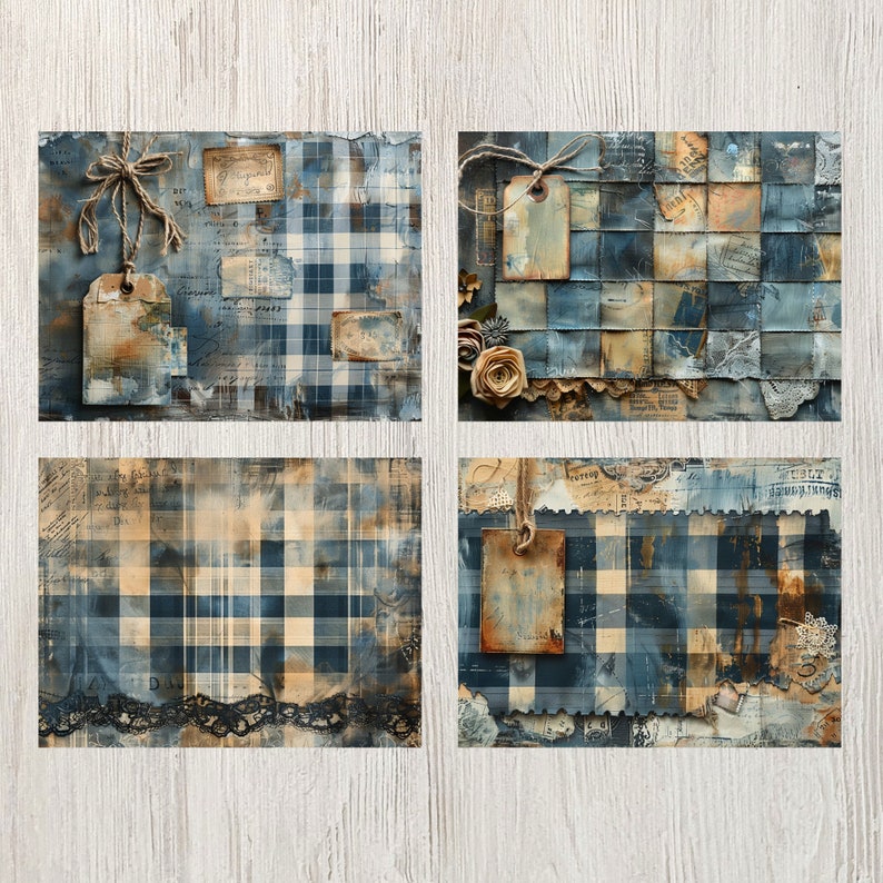 Blårutiga skräpjournalsidor Digitala papper Utskrivbara journalsidor Scrapbook-kort Papperspyssel Shabby chic-textilier Bakgrundsmaterial bild 5
