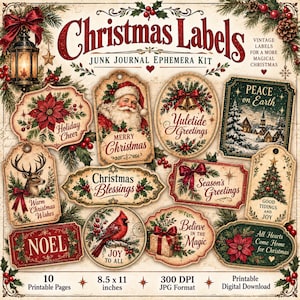 Op de afbeelding: Een verzameling kerstlabels van papier voor junk journals, met vintage illustraties van de Kerstman, een kardinaalvogel, een hert en winterlandschappen. De tekst bevat zinnen zoals Merry Christmas, Peace on Earth en Noel.