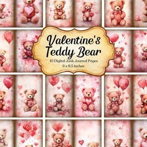 Saint-Valentin ours en peluche journal indésirable Page imprimable Kit de papier de scrapbooking coeur éphémères romance feuille de collage papier de fond amour numérique