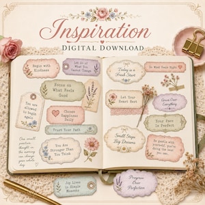 Positive Quotes Junk Journal Ephemera Kit, Vintage Feminine Tags, Labels, Stamps, Journal Cards, Word Strips, Printable JPEG Download Bundle image 6