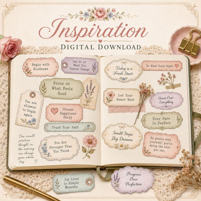 Positive Quotes Junk Journal Ephemera Kit, Vintage Feminine Tags, Labels, Stamps, Journal Cards, Word Strips, Printable JPEG Download Bundle image 6