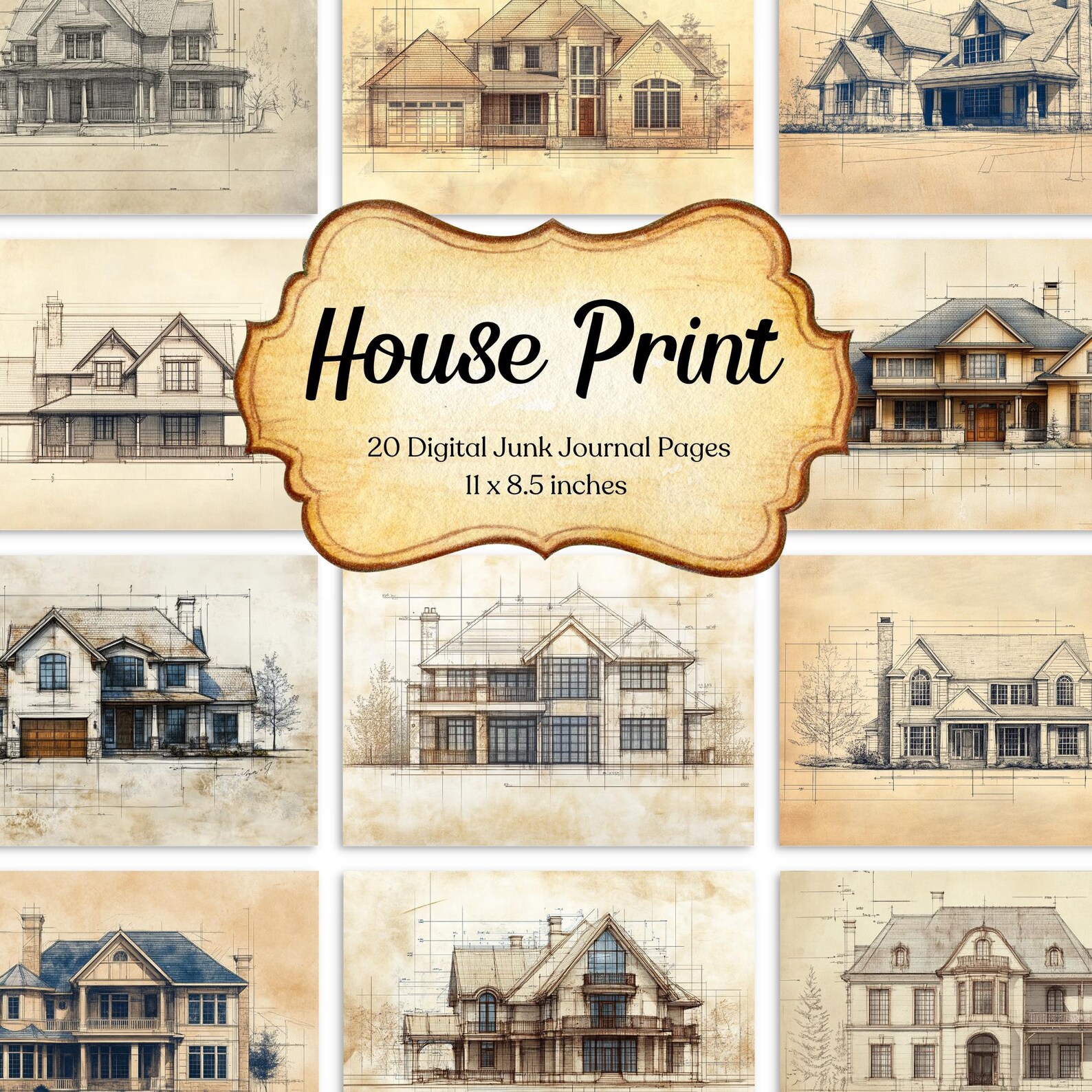 Vintage House Blueprint Junk Journal Kit | Printable Architecture ...
