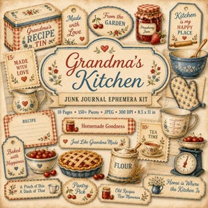 Op de afbeelding: Een junk journal ephemera kit getiteld Grandma's Kitchen met vintage illustraties van een receptenblik, aardbeienjam, keukengerei, taart, meelzak, maatbeker, weegschaal en diverse labels met tekst op een beige achtergrond.