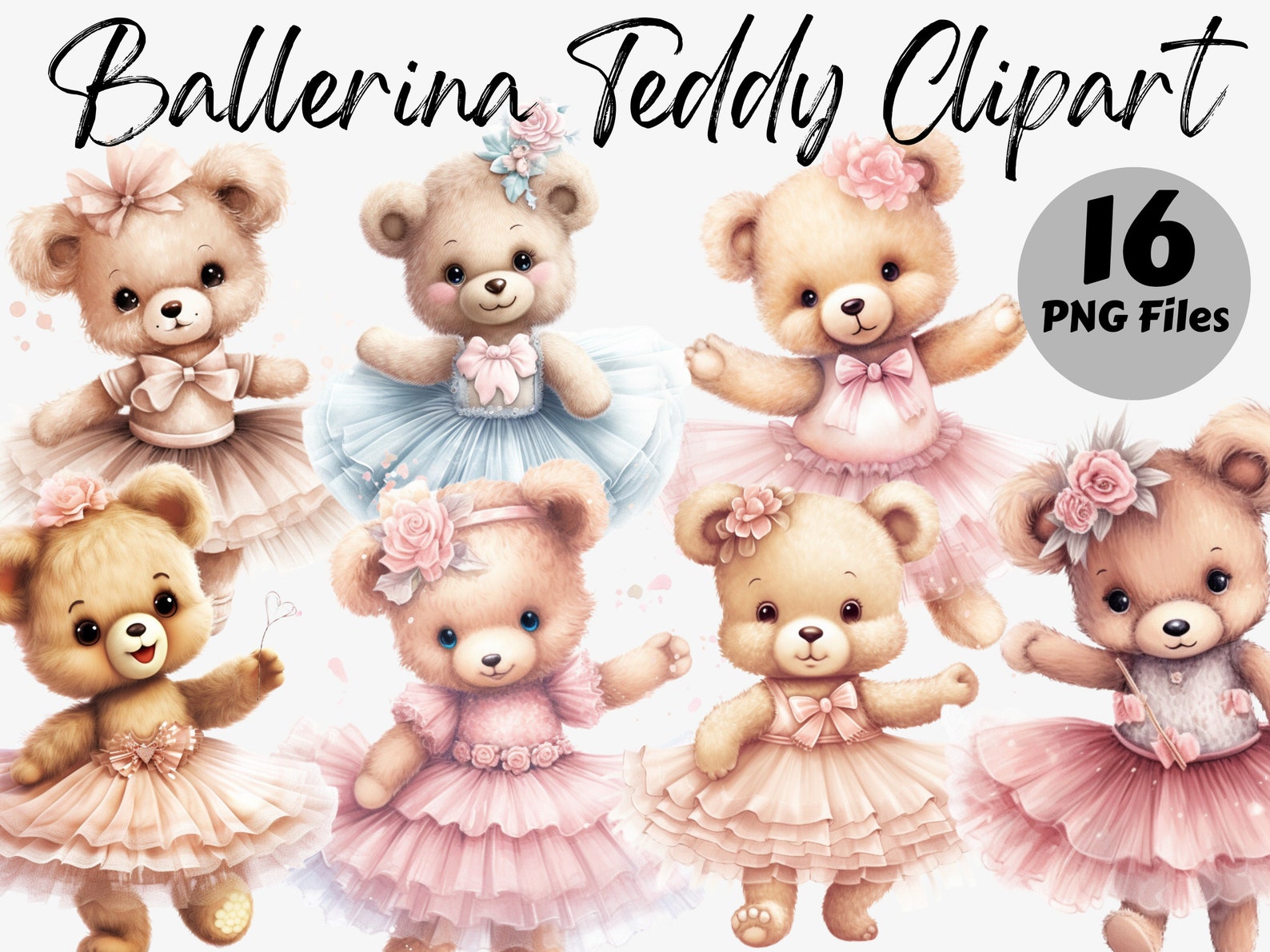 Watercolor Ballerina Teddy Bear PNG Clipart Bundle Teddy Bear Graphics ...
