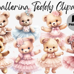 Ballerine aquarelle ours en peluche PNG Clipart Bundle | Graphiques d'ours en peluche | Images numériques pour le scrapbooking, la journalisation | Un usage commercial