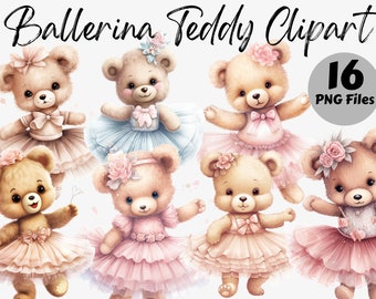 Watercolor Ballerina Teddy Bear PNG Clipart Bundle | Teddy Bear Graphics | Digital Images for Scrapbooking, Journaling | Commercial Use