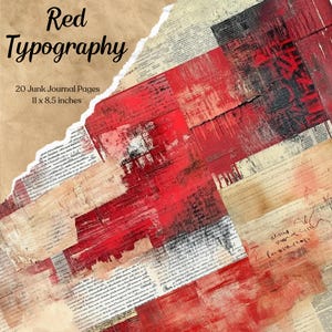 Papier indésirable typographie rouge, pages imprimables vintage, éphémères, carte de scrapbooking, feuille de collage numérique, journal indésirable, scrapbooking papier, calligraphie