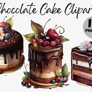 Puede incluir: Tres ilustraciones de acuarela de pasteles de chocolate decorados con bayas y flores. Los pasteles están sobre un fondo blanco. 10 archivos PNG.