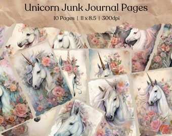 Unicorn Junk Journal Kit | Fantasy Journal Pages | Printable Collage Sheet | Unicorns Digital Paper | Scrapbooking | Floral Unicorns