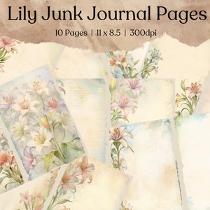 Páginas de Lily Junk Journal / Vintage Lily Junk Journal Kit / Papel imprimible de diario basura / Hoja de collage digital / Descarga instantánea / Flor