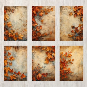 May include: Six digital collage images featuring a rustic background with fall leaves in shades of orange and brown. The leaves are arranged in a corner of each image, creating a frame for a blank space.