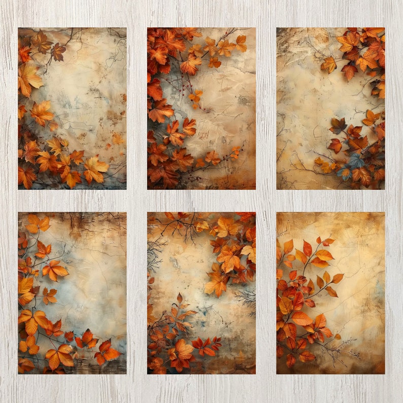 May include: Six digital collage images featuring a rustic background with fall leaves in shades of orange and brown. The leaves are arranged in a corner of each image, creating a frame for a blank space.