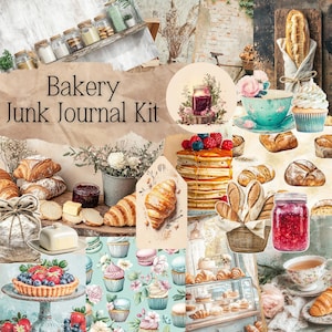 Op de afbeelding: Een collage met bakkerij-thema-elementen, waaronder croissants, brood, pannenkoeken en cupcakes. Jampotten en de tekst "Bakery Junk Journal Kit" zijn ook zichtbaar. De algehele sfeer is vintage.