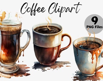 May include: Three watercolor illustrations of coffee mugs with steaming coffee. The mugs are in different styles, including a clear glass mug, a brown and white mug, and a blue and white mug. Each mug has coffee dripping down the side.