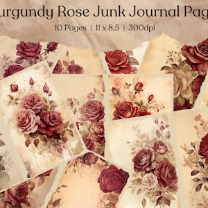 Pages du journal indésirable Roses de Bourgogne | kit de carnet de voyage roses vintage | Papier imprimable Junk Journal | Feuille de collage numérique | Téléchargement instantané
