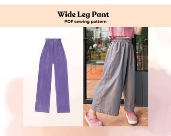 ワイドレッグパンツの裁縫パターン、ハイウエスト、初心者向け（PDFパターン）
