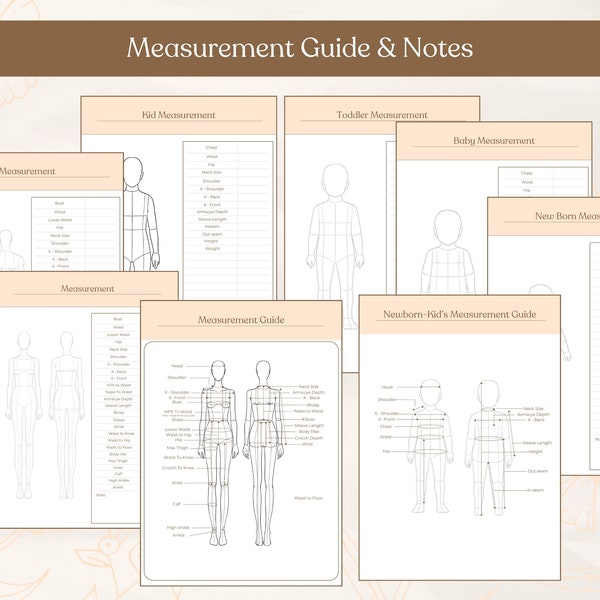 Digital Measurement Template , Body Measurement Note , Measurement Size Chart For Sewing , Sewing Size Chart Template , Printable Size Chart