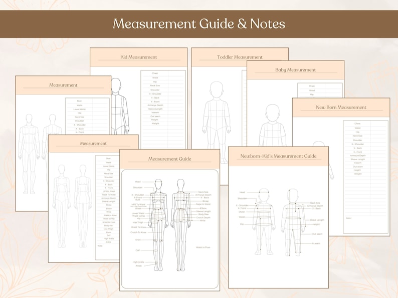 May include: Printable measurement guide for children and babies. The guide includes diagrams of children and babies with labeled measurements for different ages, including newborn, infant, toddler, and kid. The guide is perfect for sewing projects or taking measurements for clothing.